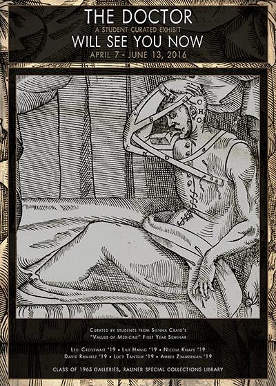 Poster for “The Doctor Will See You Now,” a student‑curated exhibit, featuring a black‑and‑white woodcut of a bandaged patient reclining on a bed.