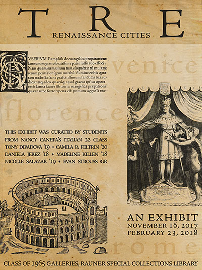 A sepia-toned poster titled “TRE Renaissance Cities” showing classical woodcut illustrations of a king in robes and an ancient amphitheater