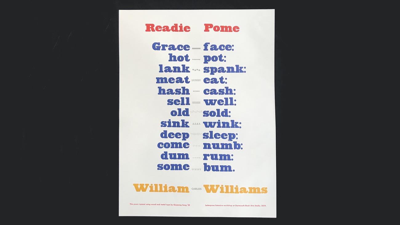 poster with blue, yellow and red type with small images