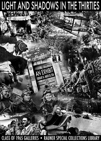 Poster for “Light and Shadows in the Thirties,” featuring a dense black‑and‑white collage of 1930s scenes—crowds, marches, military parades, aviators, factories, streets, and rural life.