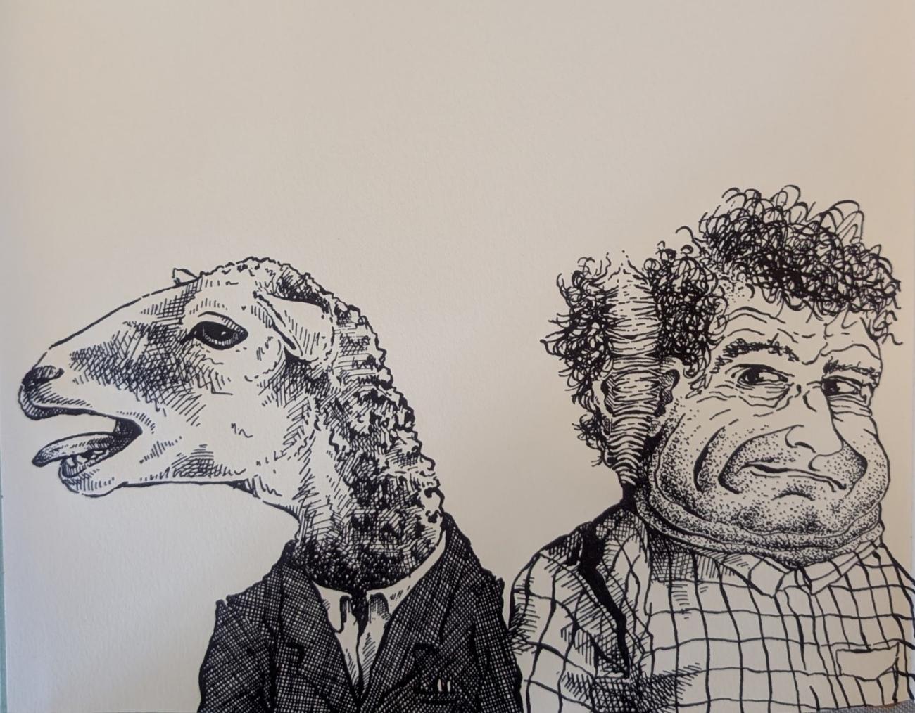 Illustration from Sarah Parella’s Minutes: dance Steps for the beleaguered depicting line drawings of a man with a sheep’s head next to another man.