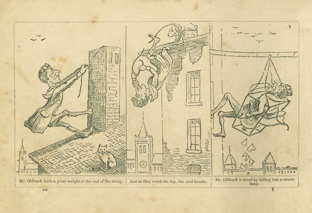 A 3-panel comic strip showing Obadiah Oldbuck falling from a roof and into a street lamp.