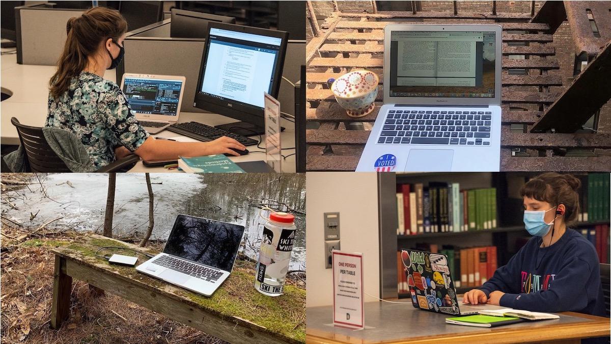 Collage of student remote learning and studying at the library