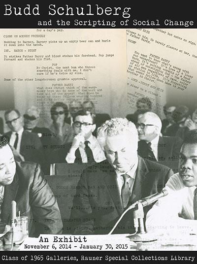 Poster for “Budd Schulberg and the Scripting of Social Change”: black‑and‑white public hearing scene overlaid with screenplay pages.