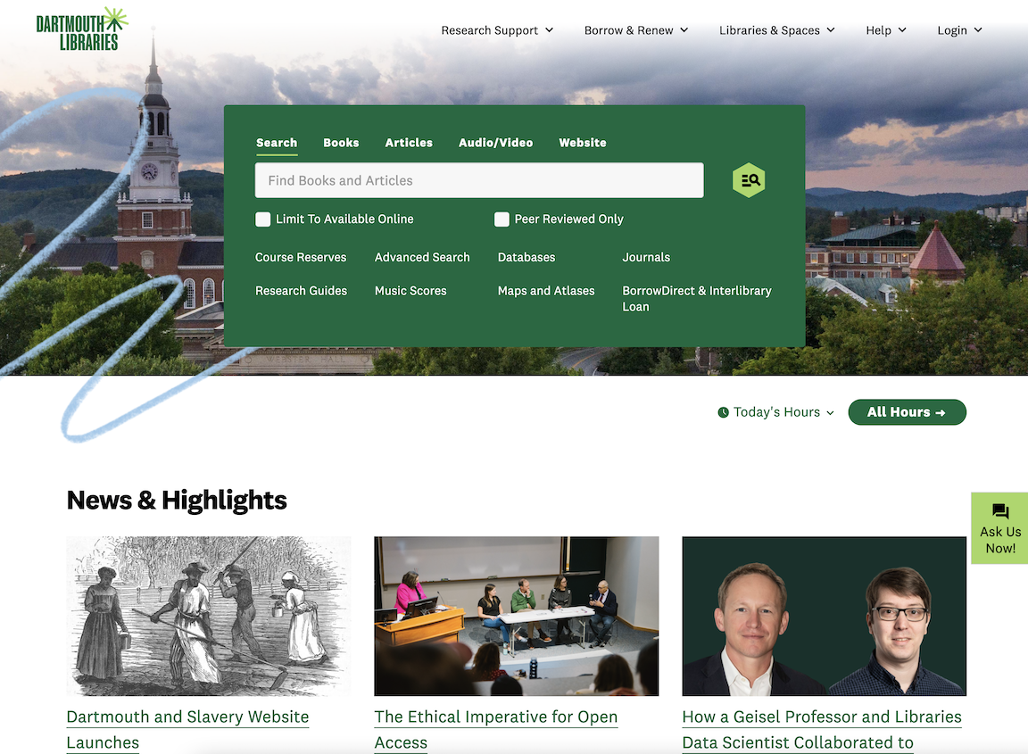 Screenshot of the new library homepage