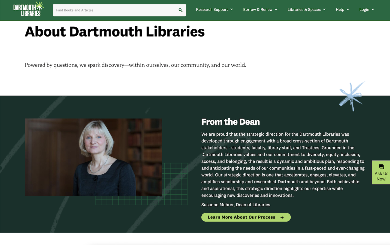 Screenshot of the new About Dartmouth Libraries page