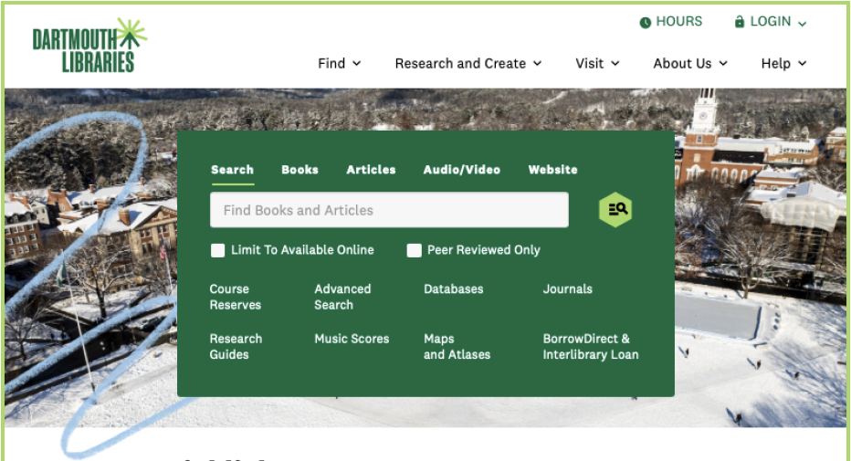 view of the libraries homepage website