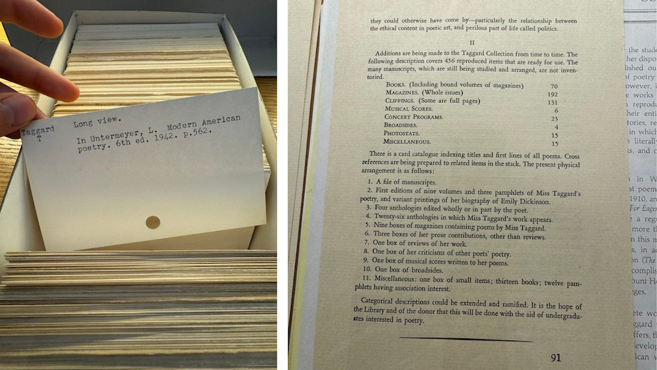 card catalog file for Long View poem and taggard materials from the archives