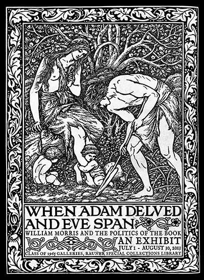 Black-and-white woodcut-style poster showing Adam digging with a spade while Eve and two children stand nearby under a tree
