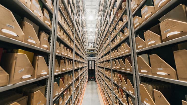 Kris Ayers uses the forklift in the LCSF to access collections up to 30ft high