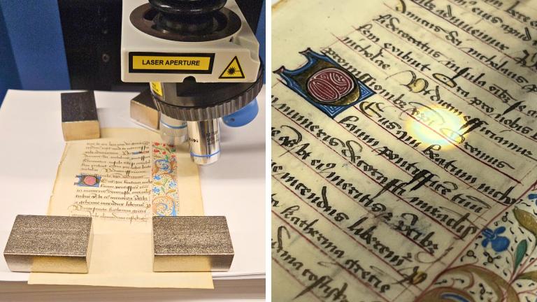a laser beams into a 16th century manuscript as part of the raman spectroscopy process
