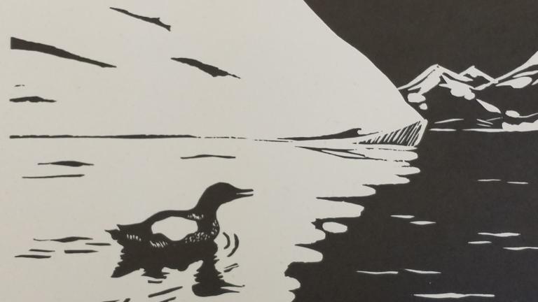 Black and white linocut of a duck swimming in the arctic ocean, parallel to a glacier
