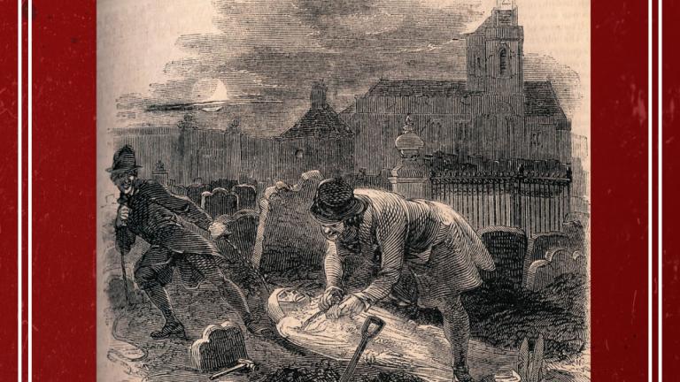 illustration of men digging up grave with corpse and tombstone in foreground and cityscape in background
