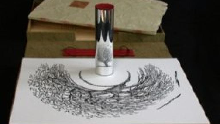 Image of Ursula K. LeGuin's Direction of the Road, illustrated with an anamorphic woodcut by Aaron Johnson