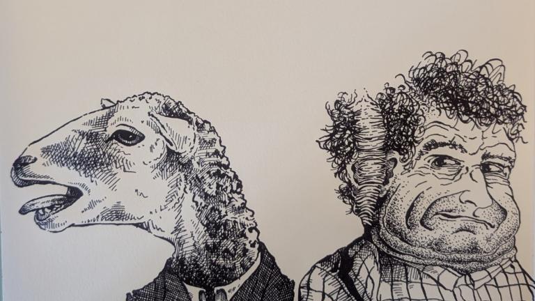 Illustration from Sarah Parella’s Minutes: dance Steps for the beleaguered depicting line drawings of a man with a sheep’s head next to another man.