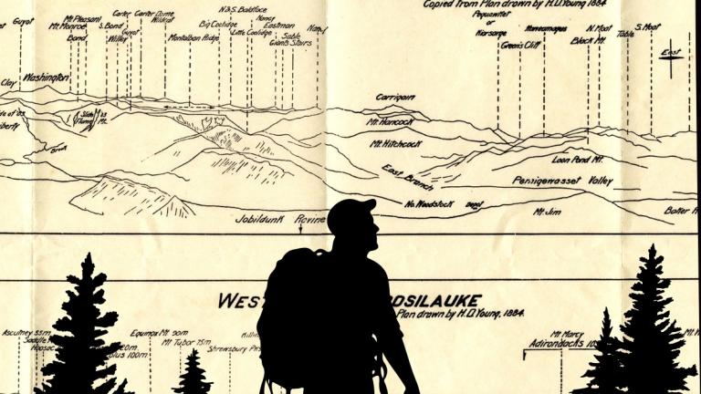 Silhouette of man with backpack and trees with map in background