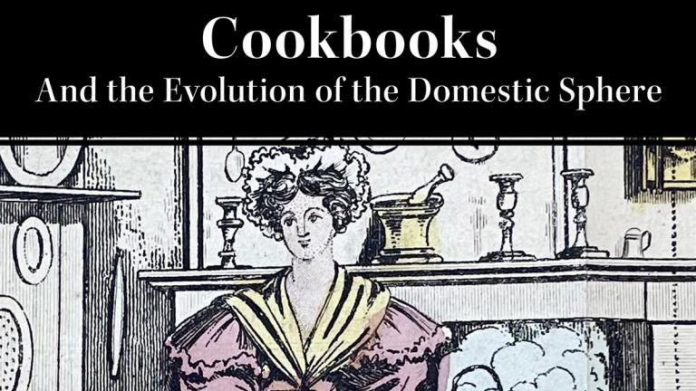 Colored illustration of woman in late 18th, early 19th century dress preparing food in a kitchen.