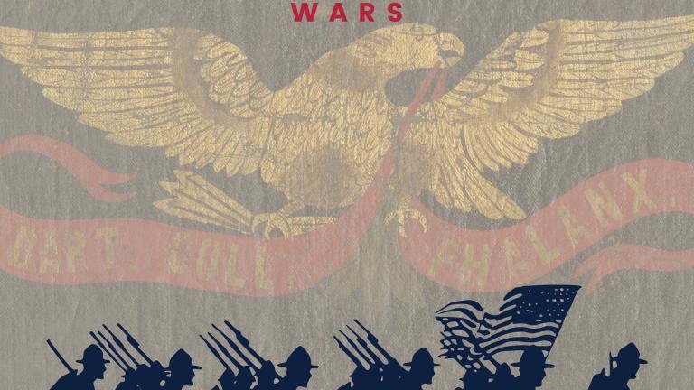 illustration of soldiers marching with flag with american eagle in background