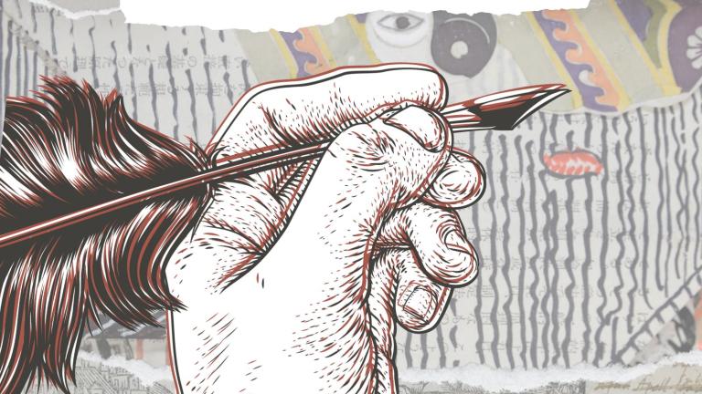 illustration of hand holding quill pen with documents in background