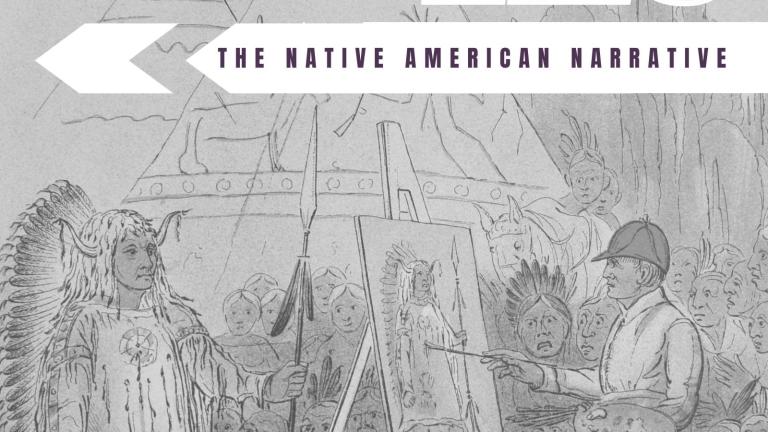 white man painting native american with other figures and teepees in background