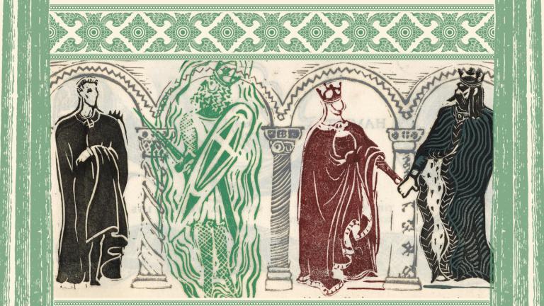 woodcut of four male figures dressed as kings