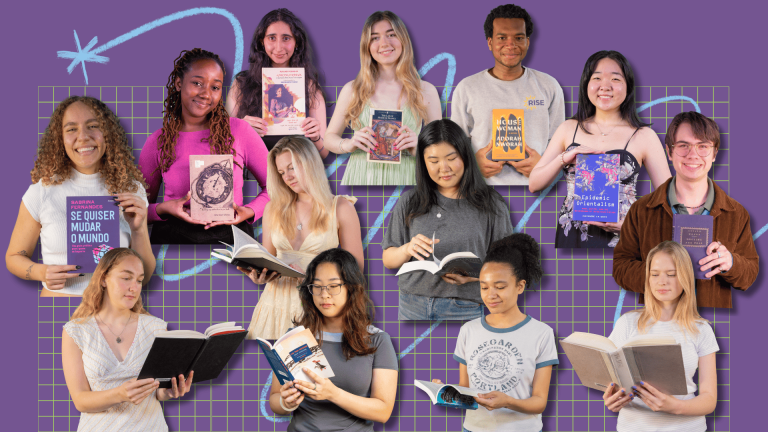 13 students holding the books they selected for the 2025 student bookplate program