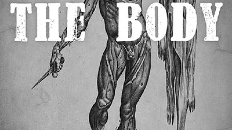 A vintage anatomical illustration of a human figure stripped of skin muscles, holding a flayed skin in one hand and a scalpel in the other.
